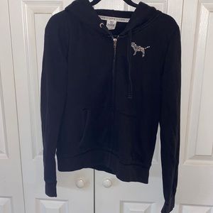 PINK Black zip up jacket with writing on back